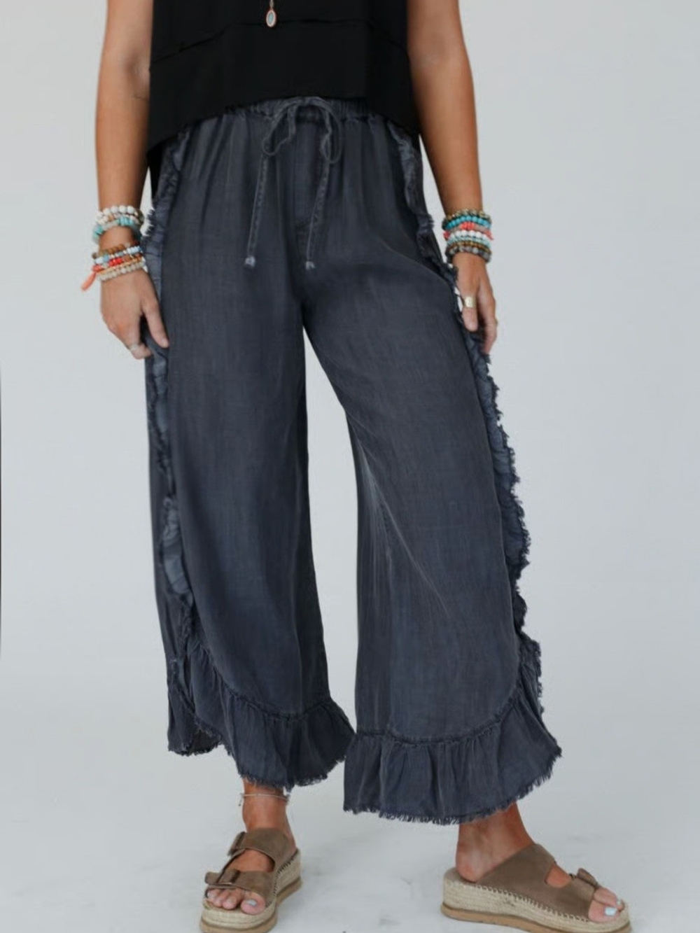 Three Bird Nest Drift Wave Ruffle Wide-Leg Pants Womens S Charcoal Raw Edges Rel